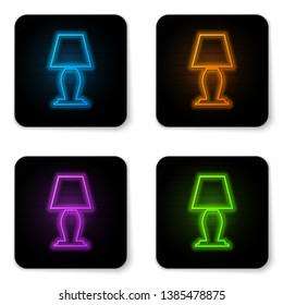 Glowing neon Table lamp icon isolated on white background. Black square button. Vector Illustration