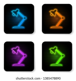 Glowing neon Table lamp icon isolated on white background. Table office lamp. Black square button. Vector Illustration