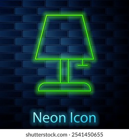 Glowing neon Table lamp icon isolated on brick wall background.  Vector