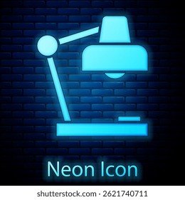 Glowing neon Table lamp icon isolated on brick wall background. Desk lamp.  Vector