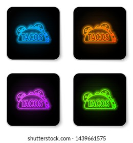 Glowing neon Taco with tortilla icon isolated on white background. Traditional mexican fast food. Black square button. Vector Illustration