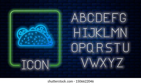 Glowing neon Taco with tortilla icon isolated on brick wall background. Traditional mexican fast food. Neon light alphabet. Vector Illustration