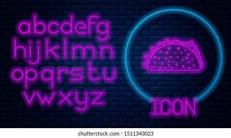 Glowing neon Taco with tortilla icon isolated on brick wall background. Traditional mexican fast food. Neon light alphabet. Vector Illustration