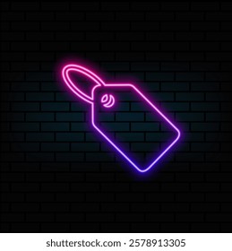 Glowing neon tag with word SALE on dark brick wall background. Shopping Discount Advertising Banner.
