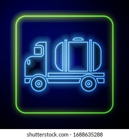 Glowing neon Tanker truck icon isolated on blue background. Petroleum tanker, petrol truck, cistern, oil trailer.  Vector Illustration