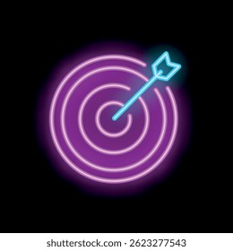 Glowing neon target with an arrow hitting the center on a black background