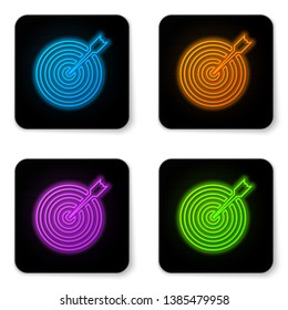 Glowing neon Target with arrow icon isolated on white background. Dart board sign. Archery board icon. Dartboard sign. Business goal concept. Black square button. Vector Illustration
