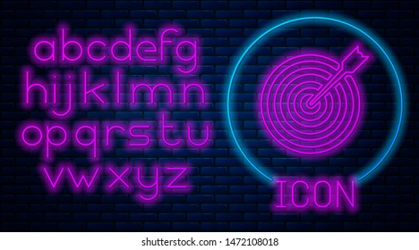 Glowing neon Target with arrow icon isolated on brick wall background. Dart board sign. Archery board icon. Dartboard sign. Business goal concept. Neon light alphabet. Vector Illustration