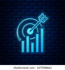 Glowing neon Target with graph chart icon isolated on brick wall background. Report text file icon. Accounting sign. Audit, analysis, planning.  Vector Illustration