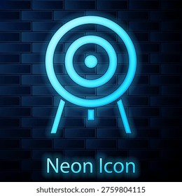Glowing neon Target icon isolated on brick wall background. Dart board sign. Archery board icon. Dartboard sign. Business goal concept.  Vector
