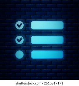 Glowing neon Task list icon isolated on brick wall background. Control list symbol. Survey poll or questionnaire feedback form.  Vector Illustration
