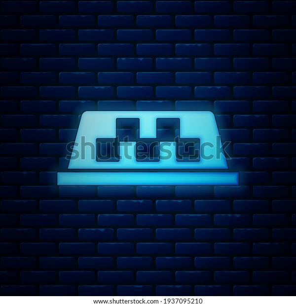 Glowing neon Taxi car roof icon isolated on brick\
wall background. \
Vector