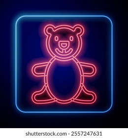 Glowing neon Teddy bear plush toy icon isolated on black background.  Vector