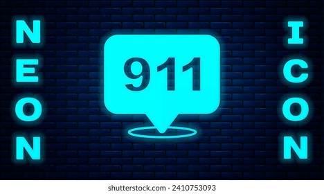Glowing neon Telephone with emergency call 911 icon isolated on brick wall background. Police, ambulance, fire department, call, phone.  Vector