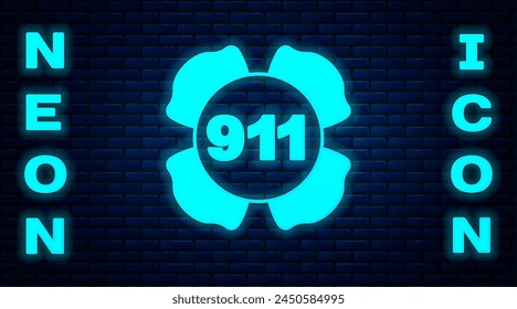 Glowing neon Telephone with emergency call 911 icon isolated on brick wall background. Police, ambulance, fire department, call, phone.  Vector