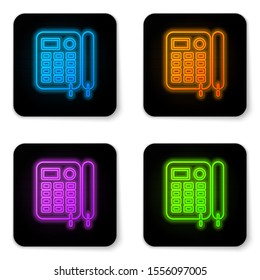 Glowing neon Telephone icon isolated on white background. Landline phone. Black square button. Vector Illustration