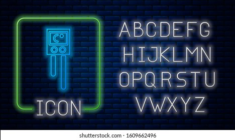 Glowing neon Temperature and humidity sensor icon isolated on brick wall background. Neon light alphabet. Vector Illustration