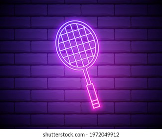 Glowing neon Tennis racket icon isolated on brick wall background. Sport equipment. Vector Illustration.