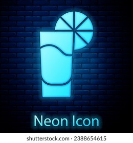 Glowing neon Tequila glass with lemon icon isolated on brick wall background. Mexican alcohol drink.  Vector