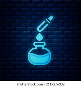 Glowing neon Test tube and flask chemical laboratory test with pipette icon isolated on brick wall background. Laboratory glassware sign.  Vector