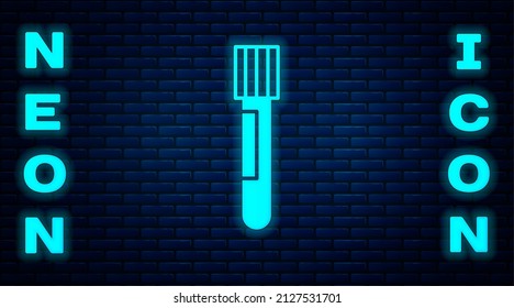 Glowing neon Test tube and flask chemical laboratory test icon isolated on brick wall background. Laboratory glassware sign.  Vector