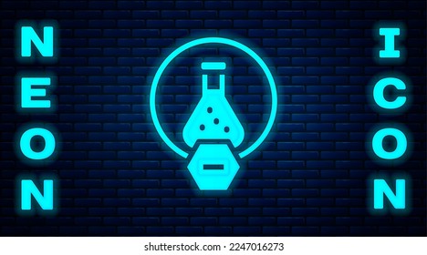 Glowing neon Test tube and flask chemical laboratory test icon isolated on brick wall background. Laboratory glassware sign.  Vector