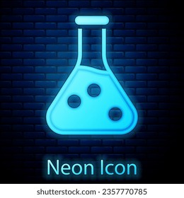 Glowing neon Test tube and flask chemical laboratory test icon isolated on brick wall background. Laboratory glassware sign.  Vector