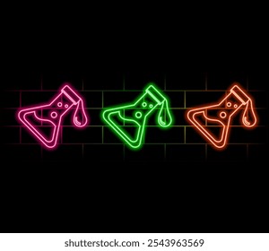 Icono de prueba de laboratorio químico de tubo de ensayo y matraz de neón brillante aislado sobre fondo de pared de ladrillo. Signo de cristalería de laboratorio. Vector.