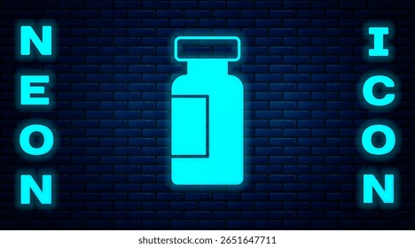 Néon brilhante Tubo de ensaio e frasco ícone de ensaio de laboratório químico isolado no fundo da parede de tijolo. Sinal de vidro de laboratório.  Vetor