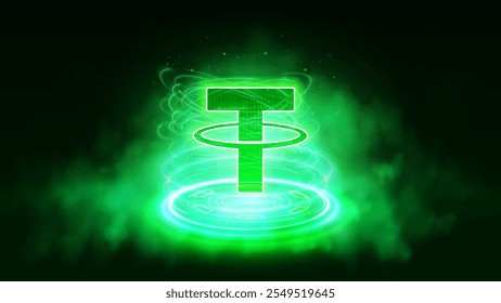 Tether neon brilhante no portal, teletransporte em um fundo esfumaçado.  Banner temático Usdt Cryptocurrency. Ilustração de vetor 