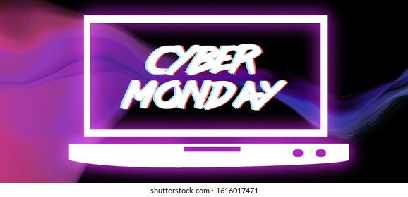 Glowing neon text "Cyber Monday" with glitch effect. Creative banner in a retro futuristic style of 80's for a cyber monday sale. EPS 10.