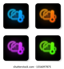 Glowing neon Thermometer and cloud with moon icon isolated on white background. Black square button. Vector Illustration