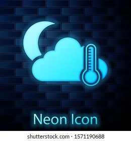Glowing neon Thermometer and cloud with moon icon isolated on brick wall background.  Vector Illustration