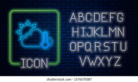 Glowing neon Thermometer and cloud with sun icon isolated on brick wall background. Neon light alphabet. Vector Illustration