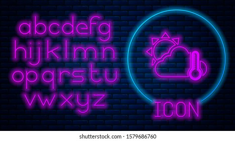 Glowing neon Thermometer and cloud with sun icon isolated on brick wall background. Neon light alphabet. Vector Illustration