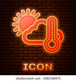 Glowing neon Thermometer and cloud with sun icon isolated on brick wall background.  Vector Illustration