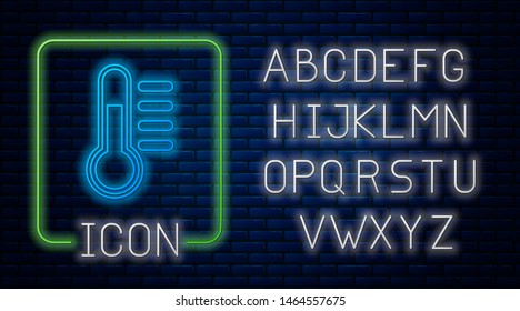 Glowing neon Thermometer icon isolated on brick wall background. Neon light alphabet. Vector Illustration