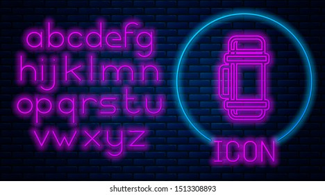 Glowing neon Thermos container icon isolated on brick wall background. Thermo flask icon. Camping and hiking equipment. Neon light alphabet. Vector Illustration