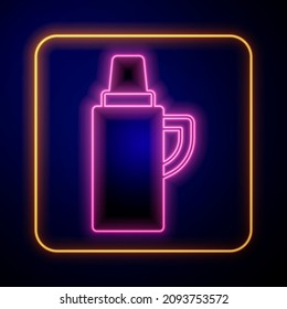 Glowing neon Thermos container icon isolated on black background. Thermo flask icon. Camping and hiking equipment.  Vector