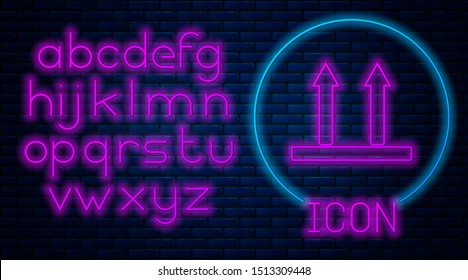 Glowing neon This side up icon isolated on brick wall background. Two arrows indicating top side of packaging. Cargo handled so these arrows always point up. Neon light alphabet. Vector Illustration