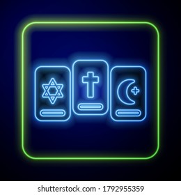 Glowing neon Three tarot cards icon isolated on blue background. Magic occult set of tarot cards.  Vector Illustration