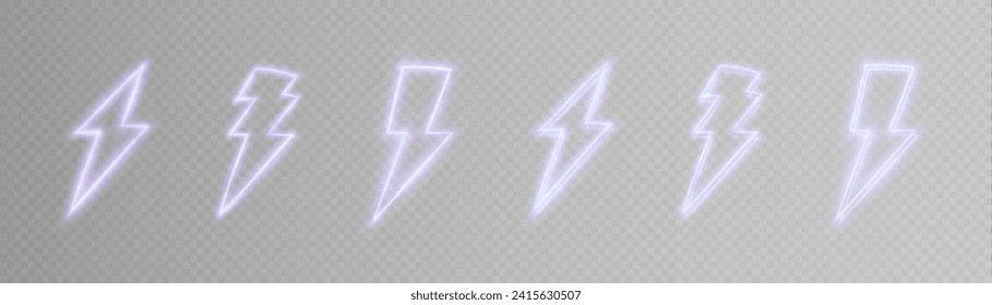 Glowing neon thunder sign, electric discharge. Neon lightning flash icon. Vector