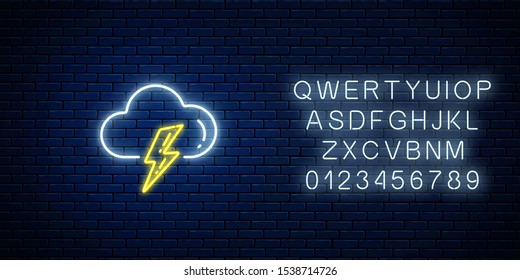 Glowing neon thunderstorm weather icon with alphabet. Storm symbol with cloud and lightning in neon style to weather forecast in mobile application. Vector illustration.