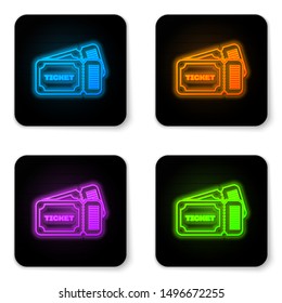 Glowing neon Ticket icon isolated on white background. Black square button. Vector Illustration