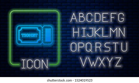 Glowing neon Ticket icon isolated on brick wall background. Neon light alphabet. Vector Illustration