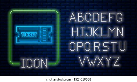 Glowing neon Ticket icon isolated on brick wall background. Neon light alphabet. Vector Illustration