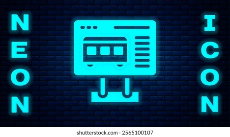 Glowing neon Ticket office to buy tickets for train or plane icon isolated on brick wall background. Buying tickets. Ticket service.  Vector