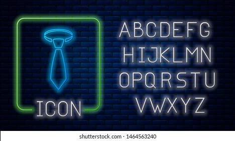 Glowing neon Tie icon isolated on brick wall background. Necktie and neckcloth symbol. Neon light alphabet. Vector Illustration