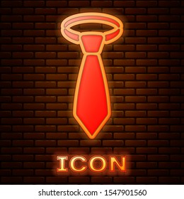 Glowing neon Tie icon isolated on brick wall background. Necktie and neckcloth symbol.  Vector Illustration