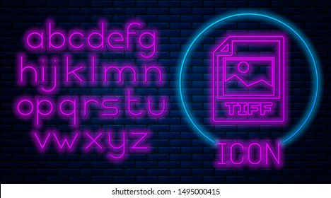 Glowing neon TIFF file document. Download tiff button icon isolated on brick wall background. TIFF file symbol. Neon light alphabet. Vector Illustration